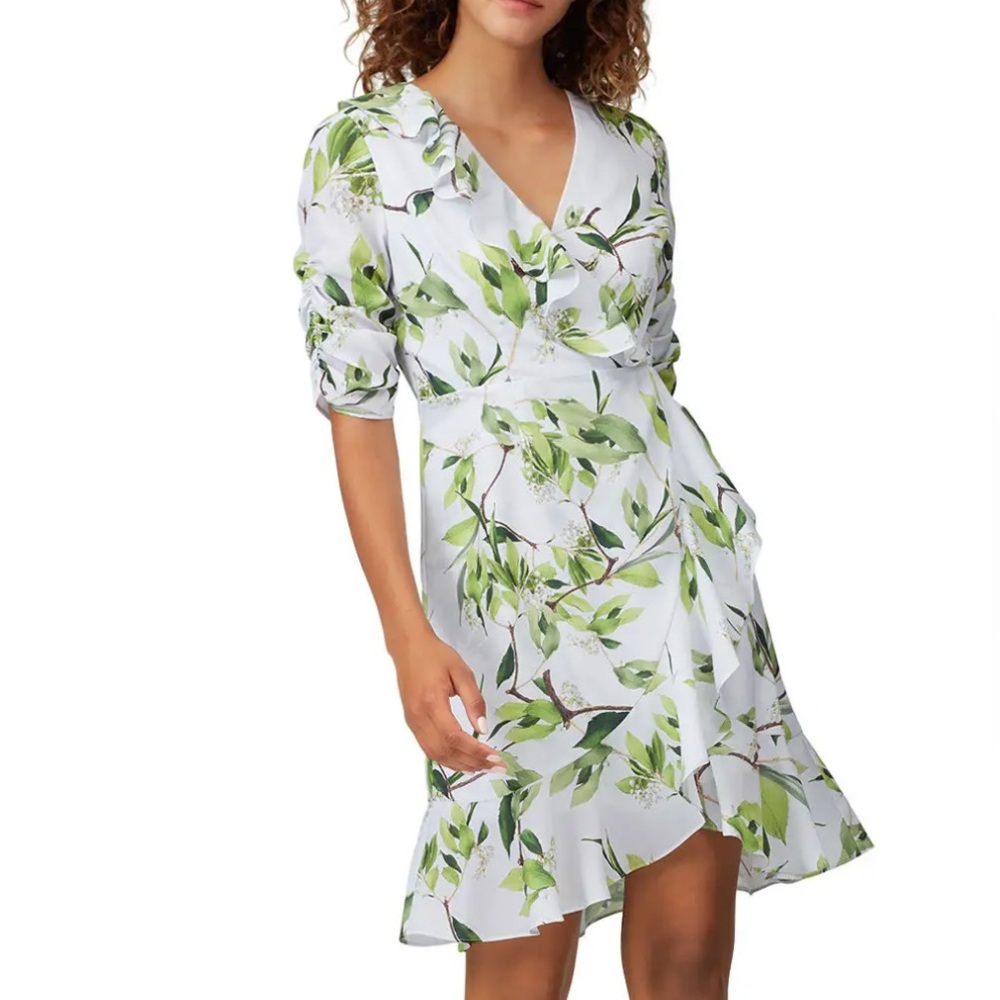 Floral Wrap Midi Dress in White and Green